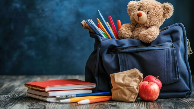 A teddy bear sitting in a blue bag with pencils, apples and books, AI