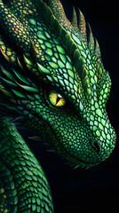 Naklejka premium Close-up portrait of a green dragon, featuring a fantastic 3D reptile illustration