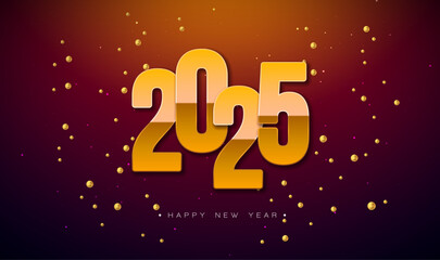 2025 Happy New Year Illustration with Gold Number and Christmas Ball on Dark Background. Holiday Design with Typography Lettering for Flyer, Greeting Card, Banner, Celebration Poster, Party invitation