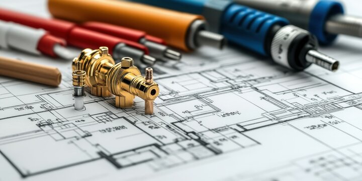 A close-up photo of a CAD-generated technical drawing for a residential home, showcasing detailed schematics of plumbing and electrical systems, set against the backdrop of architectural tools like