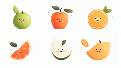 Delightful Smiles of Fruits: A Colorful Collection of Cheerful Happy Faces Embodying Joy and Freshness, Perfectly Captured in a Whimsical and Playful Style Against a Light Background.