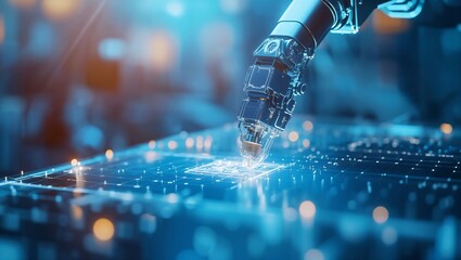 A robotic arm delicately etches intricate patterns onto a glowing, illuminated surface, showcasing advanced technology and innovative design in a futuristic setting.