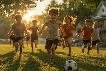 Children playing soccer during sunset in a lively backyard setting