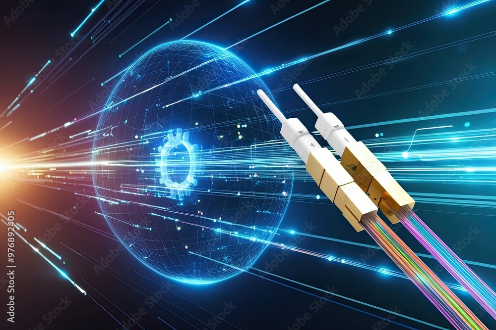 Poster dynamic digital visualization of quantum computing principles and shining fiber optic connections