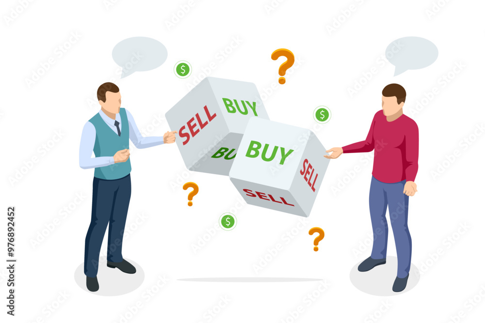 Poster isometric dice for indicating buy or sell decisions. the concept of unpredictability in the stock ma