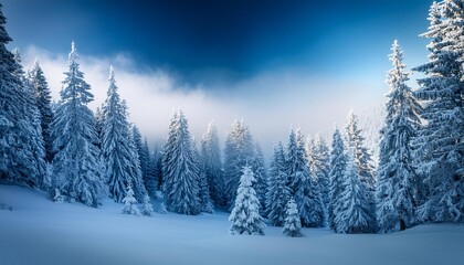 Snow-covered trees with mist