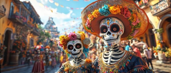 Obraz premium Day of the Dead Celebration Sugar Skulls Skeletons and Colorful Decor