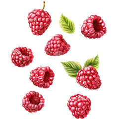 Fresh raspberries with leaves, illustrations of berries