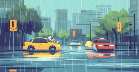 Obraz premium Heavy Rain Flooding Urban Streets with Cars Submerged in Water