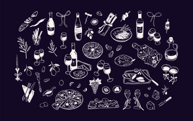 Mediterranean, greek, Italian restaurant menu chalkboard. Chalk drawing. Wine, wineglass, cheese, pizza, oysters, charcuterie board design elements. Handwriting sketch vector illustration