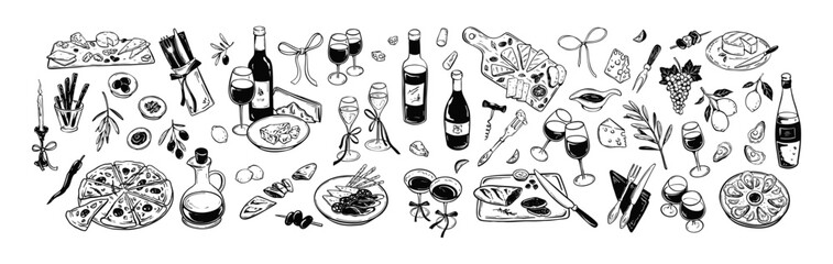 Minimalist food and wine hand drawn sketch set. Cheese platte, ousters plate, charcuterie Jamon and salami board, vine bottle, drink glass, champagne vector handwriting scribble drawing