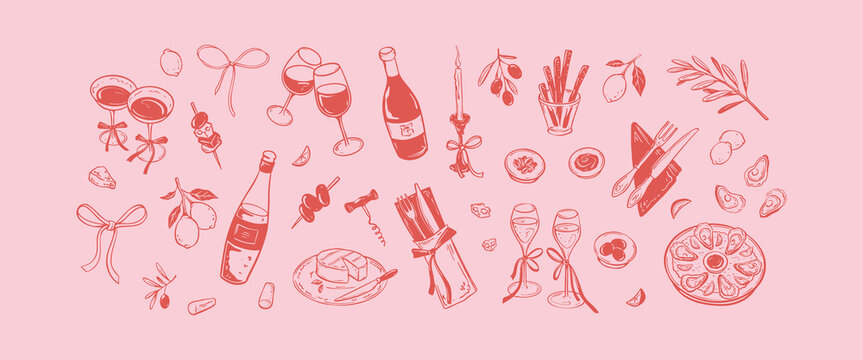 Girly food and wine pink background. Coquette style. La dolce vita concept. Design elements for Valentines Day greeting cards, wedding invitations, happy birthday designs. Minimalist illustration