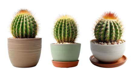 Three beautiful cactus plants in ceramic pots, showcasing unique shapes and vibrant colors for a stylish decor.