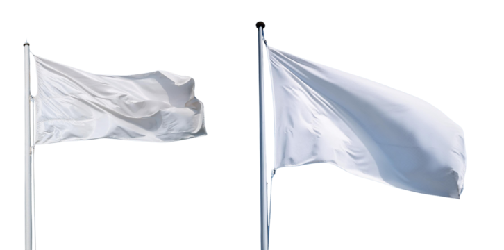 Two white flags fluttering in the wind, symbolizing peace and surrender, against a clear background.