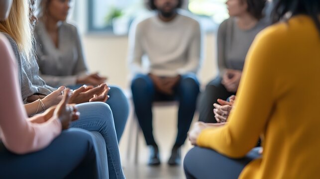 Close-up of a group of people sitting in a circle, with their hands clasped in their laps.