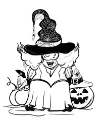 Halloween woman gnomes at funny hat and costums. Hand draw illustration for sublimation t-shirt, pillow, mug. line art illustration, black and white. Print for poster, postcard, notebooks, color book