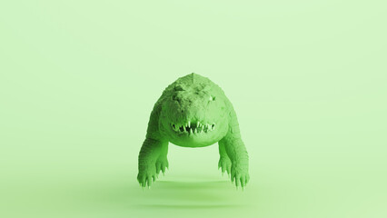 Green crocodile reptile dinosaur teeth eyes tail monochrome pale mint green background front view 3d illustration render
