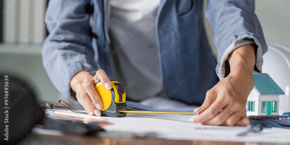 Poster civil engineer measuring dimensions for structural accuracy in building projects