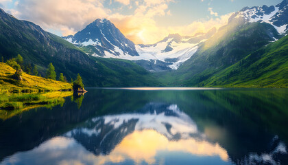 Nature Bliss: A serene mountain landscape with a lake reflecting the snowy peaks at sunrise