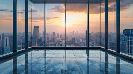Fototapeta premium A large room with a view of a city skyline with building at sunset
