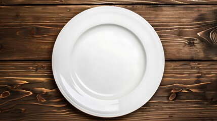 A empty white plate on a wooden surface background