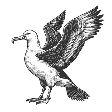 recommend clip art: albatross with wings spread, showcasing fine feather details in vintage engraving style sketch engraving generative ai raster illustration. Scratch board imitation. Black and white image.