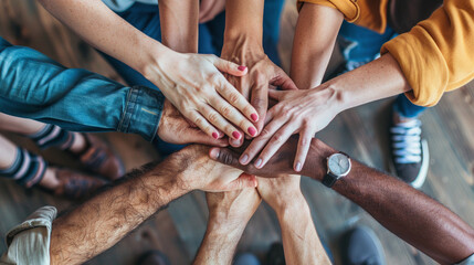 A multinational team of office colleagues fold their arms in the center to show teamwork and support