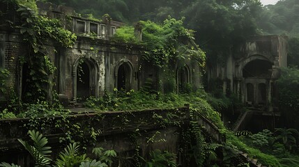 Overgrown with luxuriant greenery historic ruin