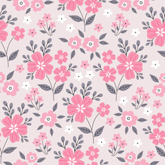 Seamless pattern with pink and white flower blossom garden. Cute hand drawn floral pattern for your fabric, summer background, wallpaper, backdrop, textile.