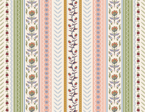 Trendy stylish Vertical Striped  floral pattern with paisley and indian flower motifs. damask modern style pattern