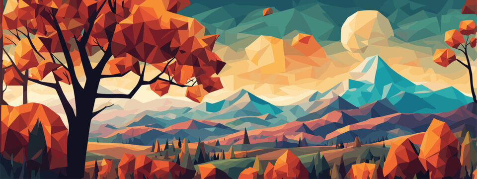 Abstract autumn polygon landscape, vibrant colors, geometric art, suitable for wall decor