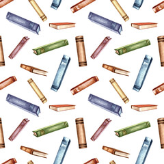 Books vintage, textbook. Seamless pattern stylized. Hand drawn watercolor illustration. Education, knowledge concept. Library, school supplies.Template for textile, bookstore, wrapping, scrapbooking.