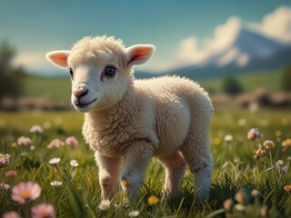 Obraz premium Adorable lamb exploring a vibrant flower-filled meadow on a spring day