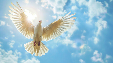 Fototapeta premium White dove symbol of peace flying against blue sunny sky