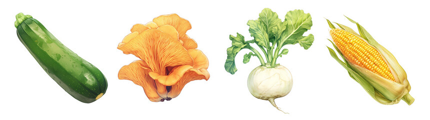 Assorted fresh vegetables isolated on transparent background. Realistic illustration. Healthy eating and organic produce concept. Clipart for cookbook, menu, and grocery store advertising.