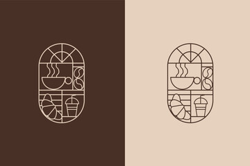 Coffee Logo with line art style icon design template vector. Retro style.  Vector illustration for Bakery and Coffee shop. Icons. Coffee bean, cup of coffee and croissant.