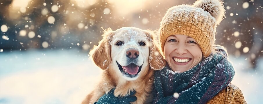 Senior Woman Bundled Up Walks Her Dog in Snowy Winter Landscape
