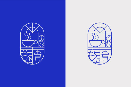 Coffee Logo with line art style icon design template vector. Retro style.  Vector illustration for Bakery and Coffee shop. Icons. Coffee bean, cup of coffee and croissant.