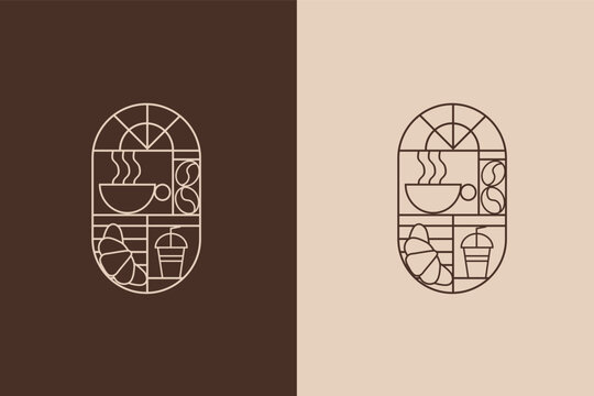 Coffee Logo with line art style icon design template vector. Retro style.  Vector illustration for Bakery and Coffee shop. Icons. Coffee bean, cup of coffee and croissant.