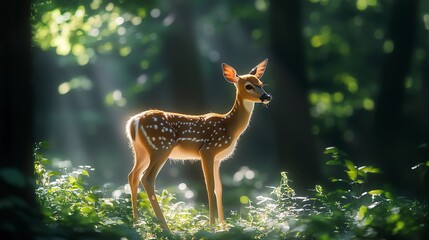 A young deer stands gracefully in a sunlit forest, surrounded by lush greenery and dappled sunlight, embodying tranquility and nature's beauty.