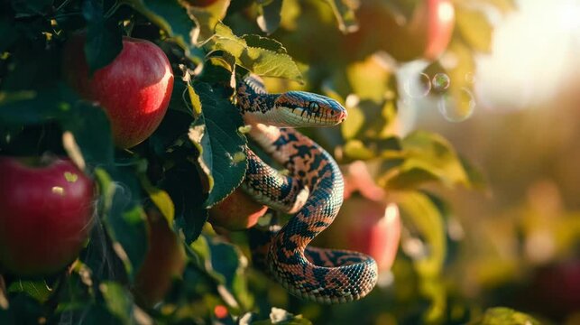 a snake coiled beautifully in an apple tree in the morningseamless looping time-lapse virtual 4k video Animation Background.	