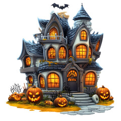 Cute Haunted House with Halloween Theme in Cartoon Style on White Background