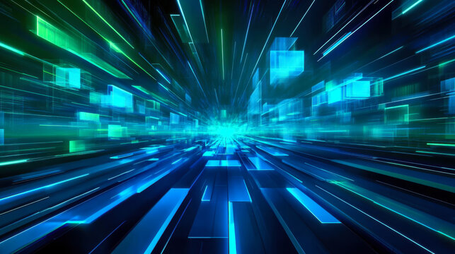 Abstract digital landscape depicting a futuristic blue and green grid moving rapidly through space and time during a nighttime scene