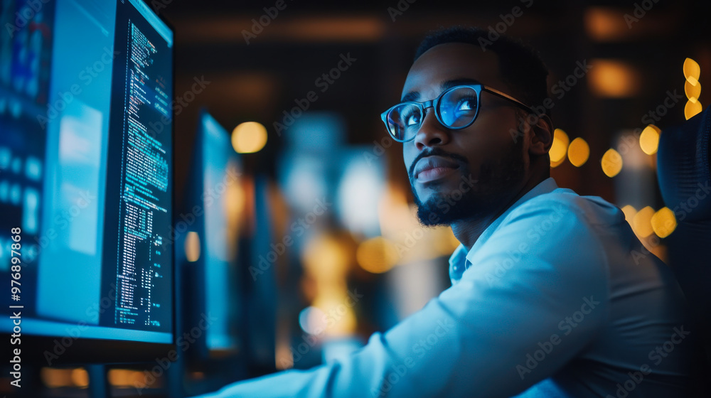 Poster focused professional coding at night in a modern office environment surrounded by illuminated screen