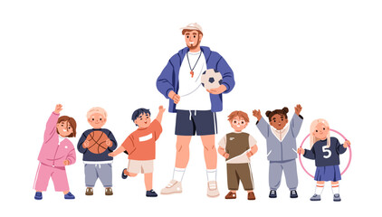 PE teacher with kids, physical education class. Elementary school PT, coach and children. Kindergarten boys and girls, sports training lesson. Flat vector illustration isolated on white background