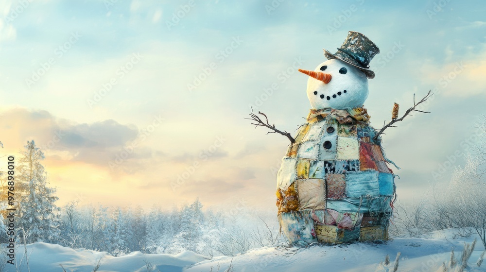 Canvas Prints A snowman with a top hat and scarf standing in the middle of some trees, AI