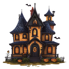 Whimsical Haunted Mansion with Gothic Architecture and Halloween Decor
