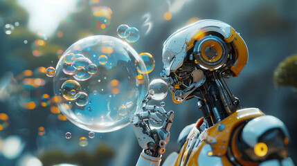 Fototapeta premium A cheerful robot blowing bubbles with a delighted expression