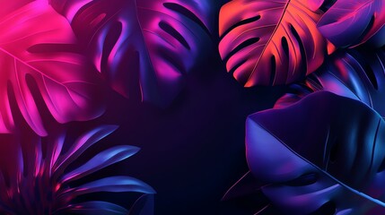 Tropical leaves illuminated with vibrant neon lights.