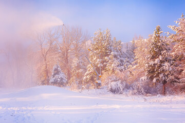 Bansko, Bulgaria resort panorama with snow cannon